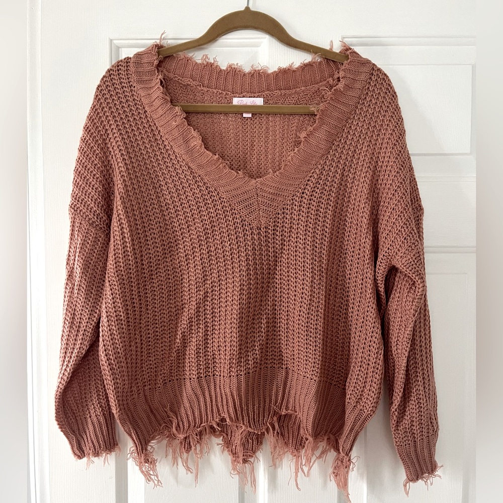 Pink lily sweater - pink/orange distressed trendy sweater. Size small.